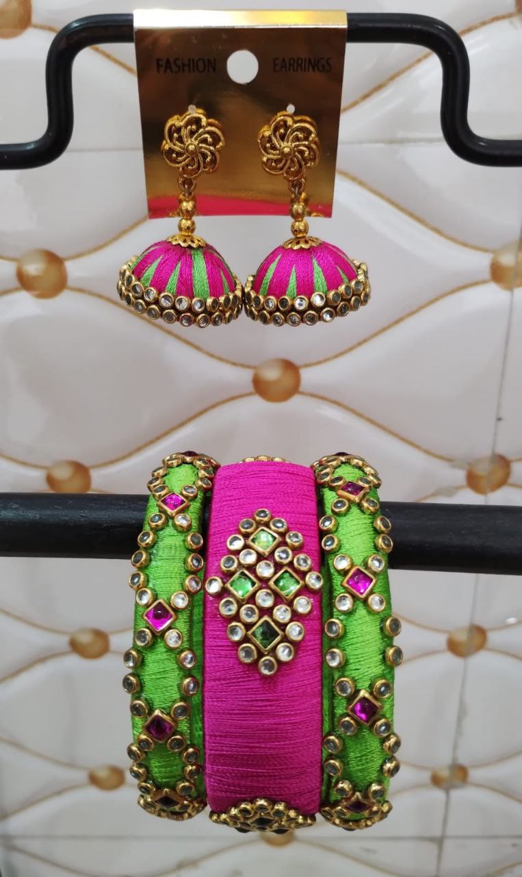 Double colour thread DNA bangles with stud earring