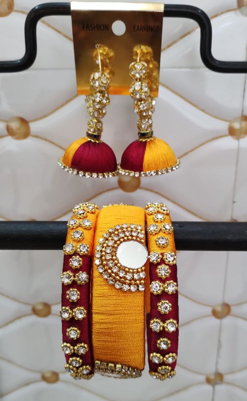 Double colour thread jarkan stone bangles wirh ring earrings