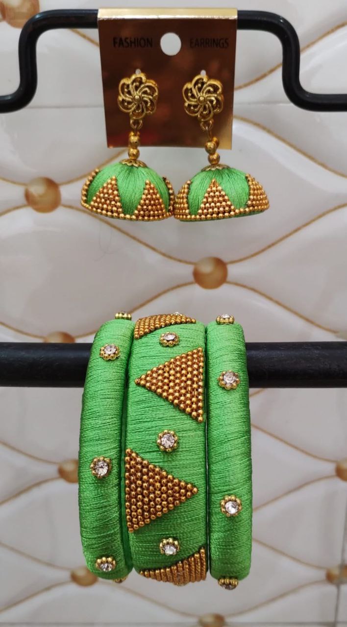 green thread triangle design bangles with stud earring